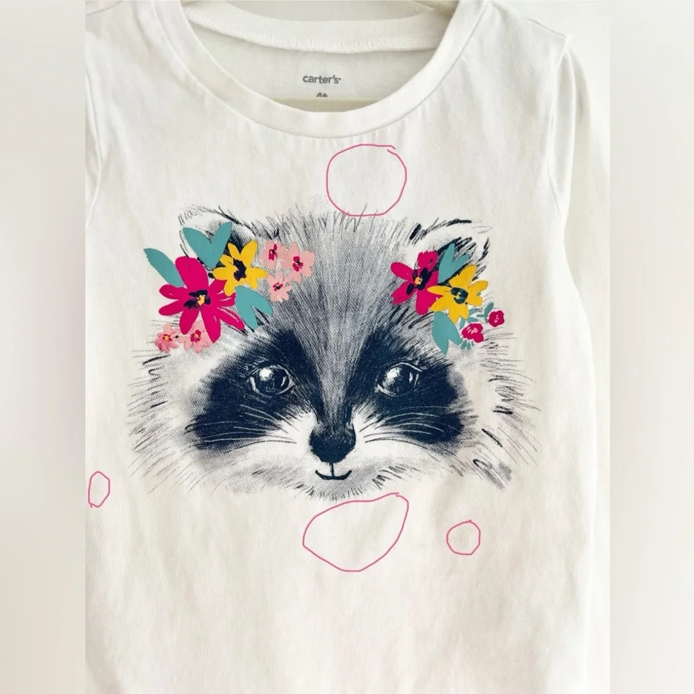 💫$4/ADD ON 💫 Carter's Kids White Long Sleeve Tee with Raccoon Design | Girls 4T